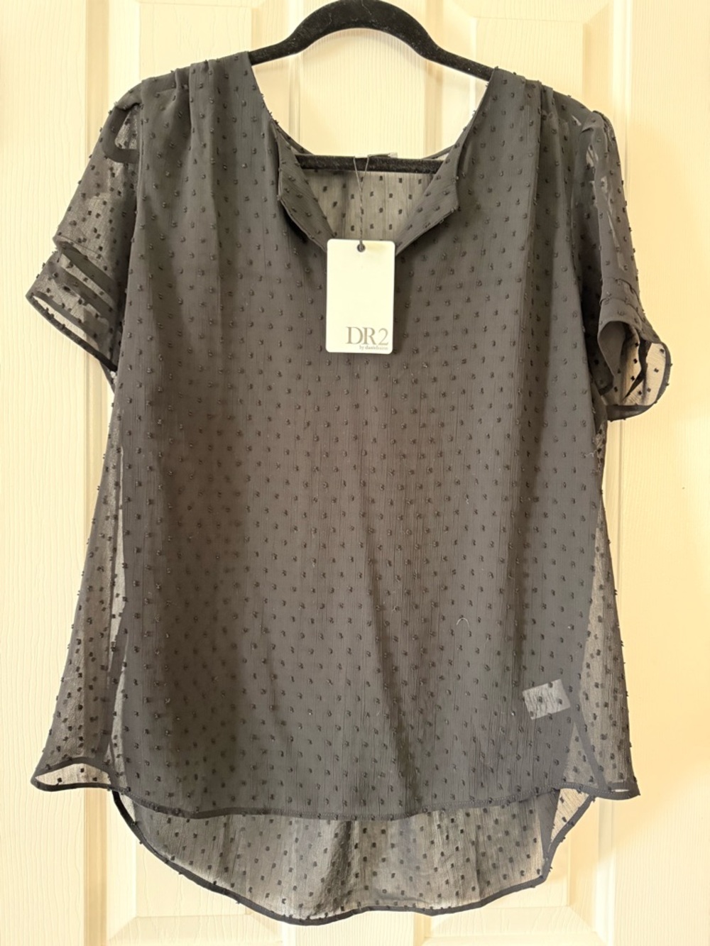 DR2 Women's Black Swiss Dot Short Sleeve Blouse XLP NWT